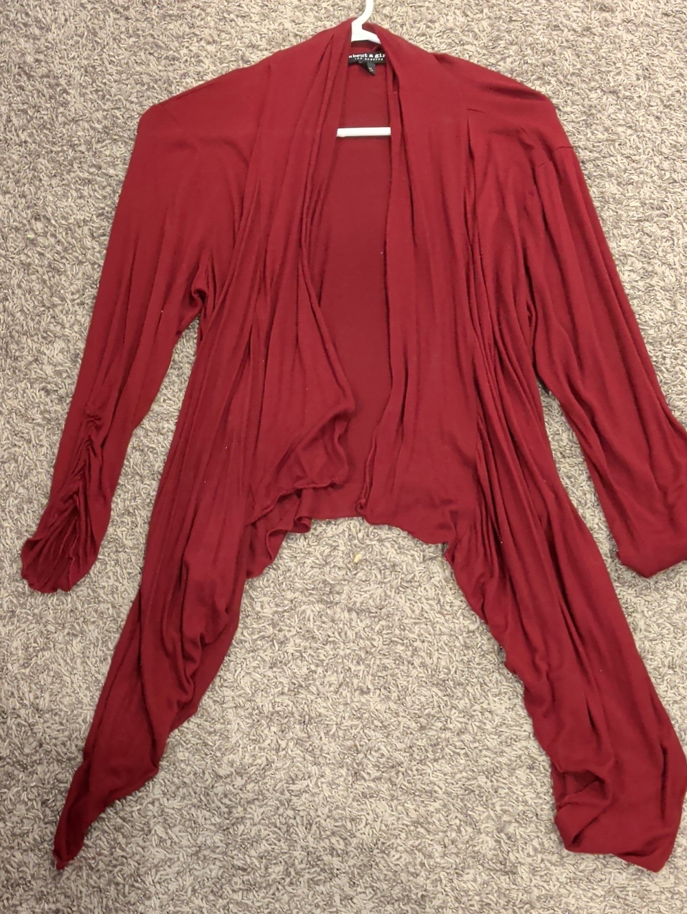 About A Girl Open-Front Draped Cardigan in Burgundy